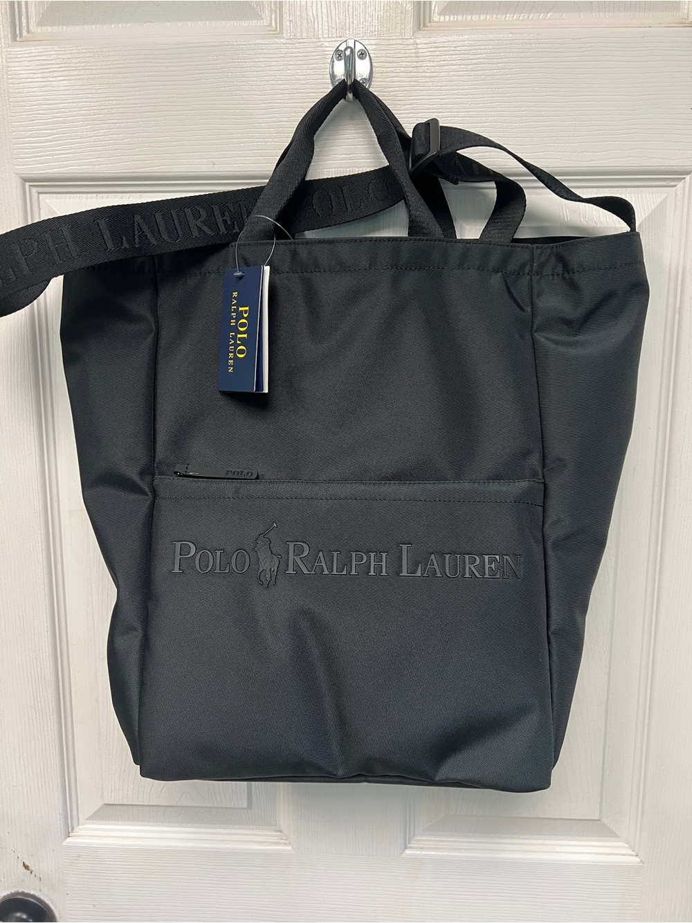 Polo by Ralph Lauren Tonal Black Embossed Logo Messenger Tote